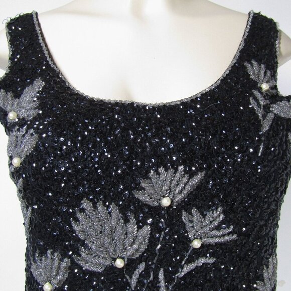 VTG 60s Hand Beaded M Floral Mod Glam Cocktail Party Wool MCM Shell Top Black - Picture 2 of 11